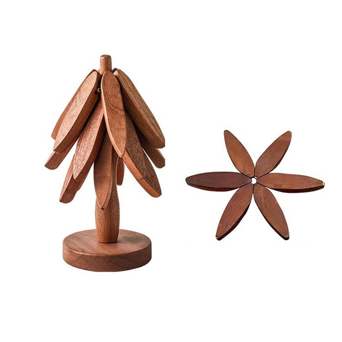 Crofta Wooden Tree Shape Trivets Foldable Creative for Hot Pot Holders Dishes Teapot Sapele 3 layers