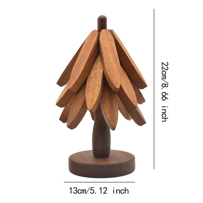 Crofta Wooden Tree Shape Trivets Foldable Creative for Hot Pot Holders Dishes Teapot Sapele 3 layers