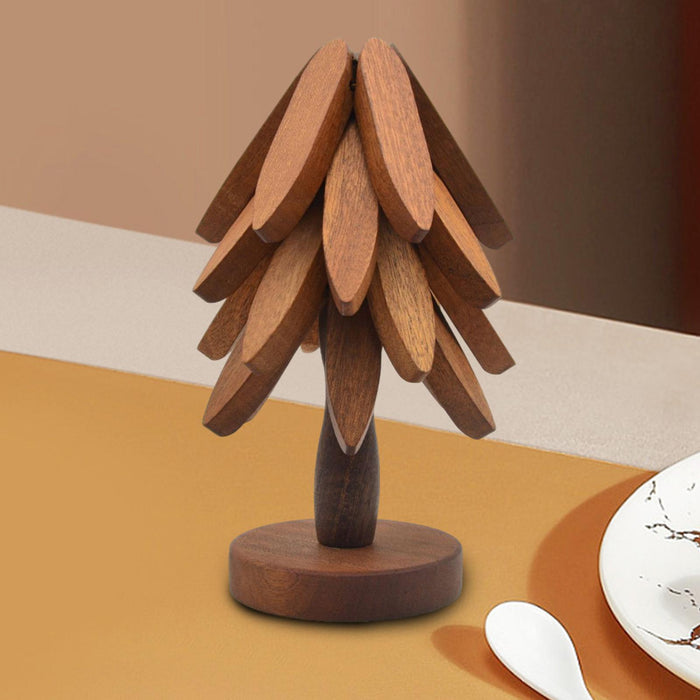 Crofta Wooden Tree Shape Trivets Foldable Creative for Hot Pot Holders Dishes Teapot Sapele 4  layers