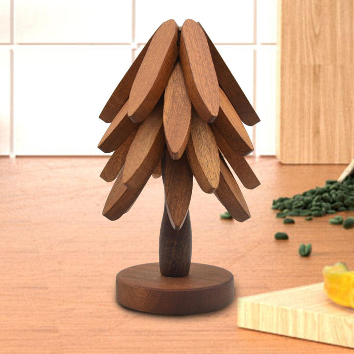 Crofta Wooden Tree Shape Trivets Foldable Creative for Hot Pot Holders Dishes Teapot Sapele 4  layers