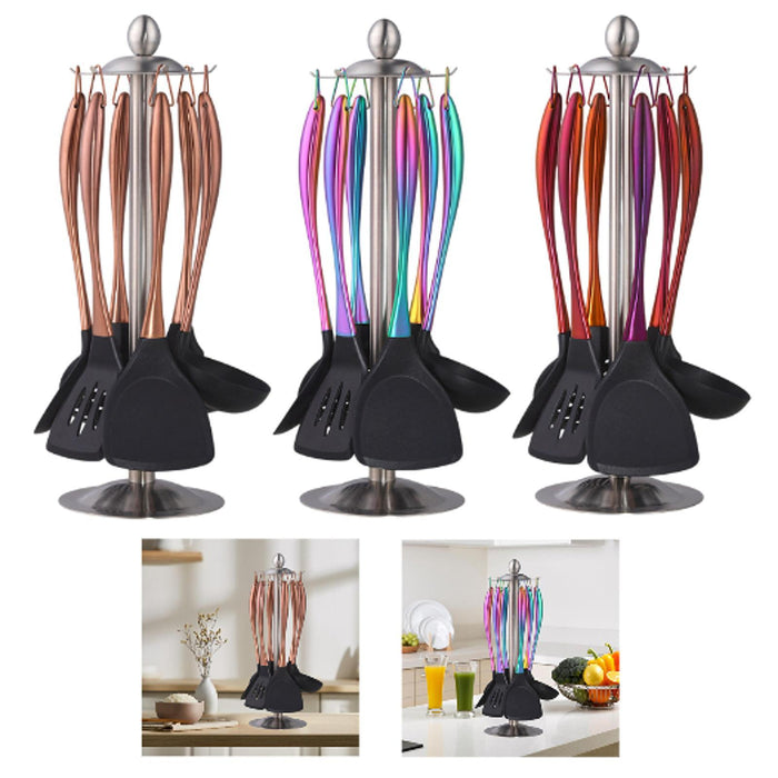 Crofta 7x Silicone Kitchen Utensils Set Stainless Steel Handle Cookware for Cooking Rose Gold