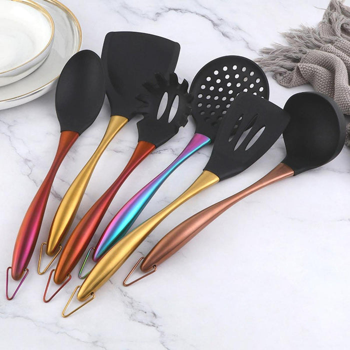 Crofta 7x Silicone Kitchen Utensils Set Stainless Steel Handle Cookware for Cooking Rose Gold