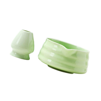 Crofta 2Pcs Matcha Bowl and Whisk Holder Tea Utensils for Living Room Beverage Gift Light Green