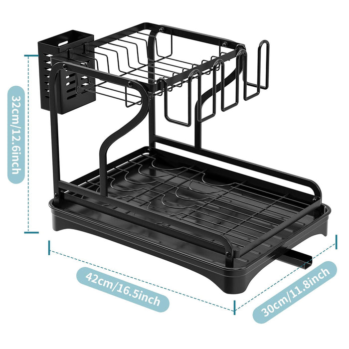 Crofta Dish Drying Rack for Kitchen Counter 2 Tier Anti Rust Dish Drainer Organizer Black