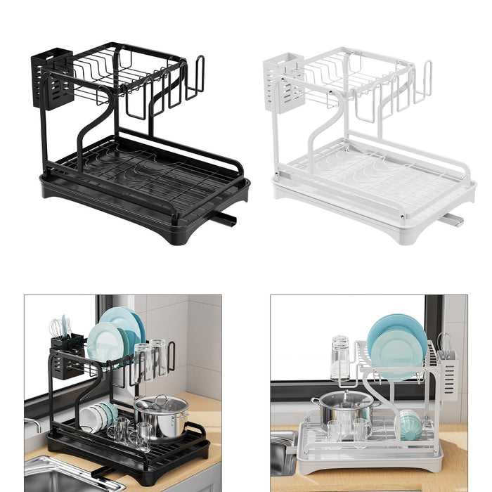 Crofta Dish Drying Rack for Kitchen Counter 2 Tier Anti Rust Dish Drainer Organizer Black