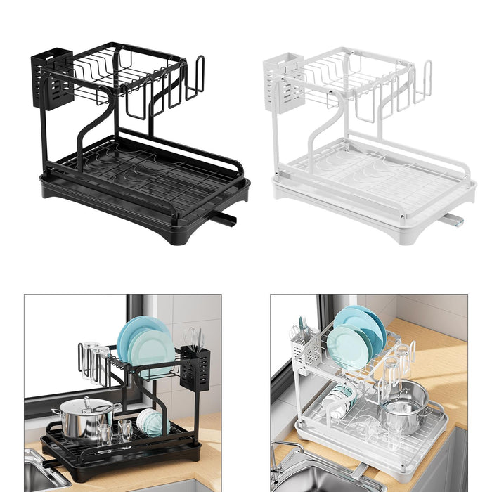 Crofta Dish Drying Rack for Kitchen Counter 2 Tier Anti Rust Dish Drainer Organizer Black