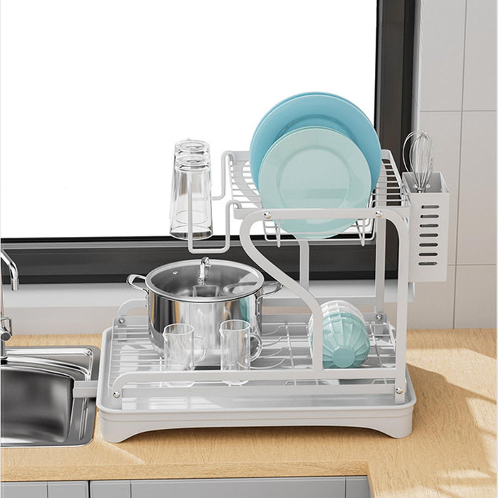 Crofta Dish Drying Rack for Kitchen Counter 2 Tier Anti Rust Dish Drainer Organizer White