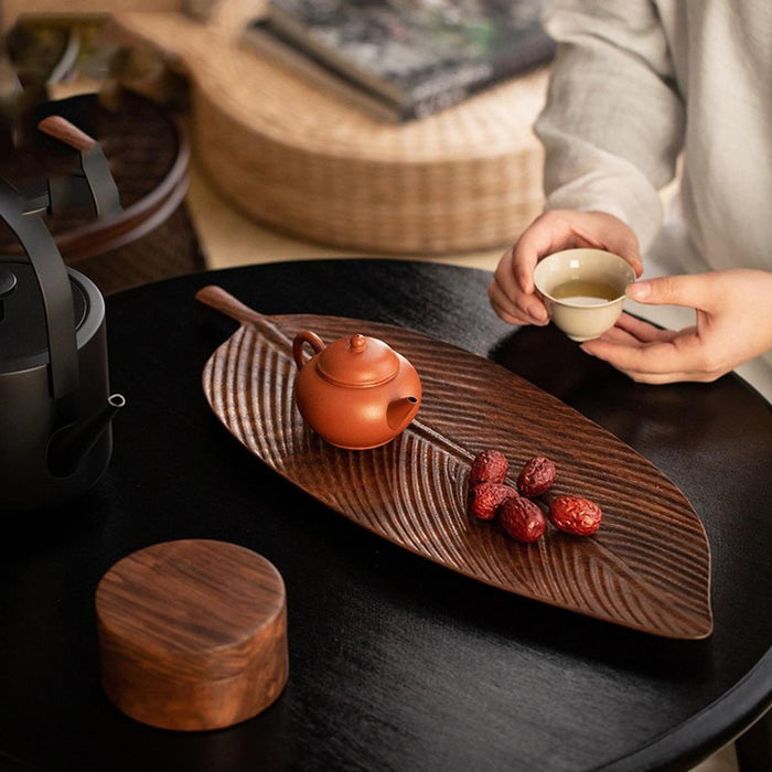 Crofta Tea Serving Tray Decorative Tray Wood Organizer Dish Leaf Shaped Wooden Tray 30cmx18cmx2cm