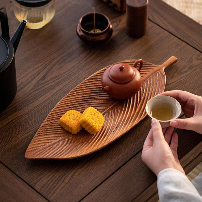 Crofta Tea Serving Tray Decorative Tray Wood Organizer Dish Leaf Shaped Wooden Tray 30cmx18cmx2cm