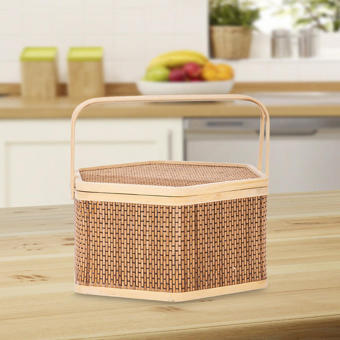 Crofta Woven Bamboo Basket with Top Handle Bamboo Woven Basket for Tea Picnic Bread