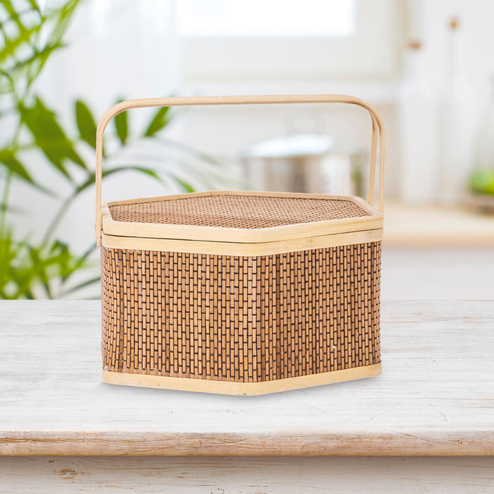 Crofta Woven Bamboo Basket with Top Handle Bamboo Woven Basket for Tea Picnic Bread