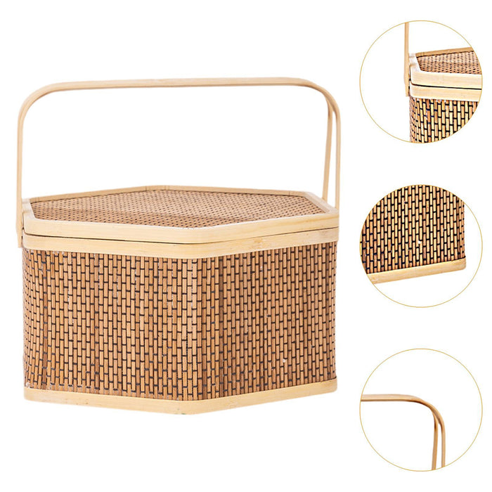 Crofta Woven Bamboo Basket with Top Handle Bamboo Woven Basket for Tea Picnic Bread