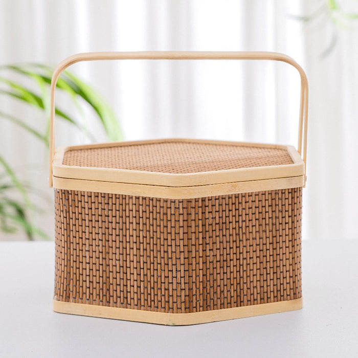 Crofta Woven Bamboo Basket with Top Handle Bamboo Woven Basket for Tea Picnic Bread