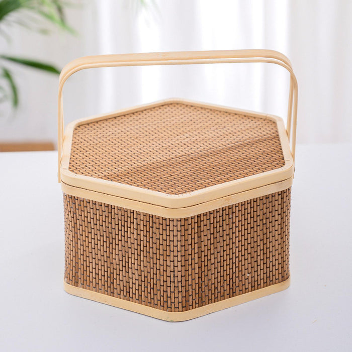 Crofta Woven Bamboo Basket with Top Handle Bamboo Woven Basket for Tea Picnic Bread