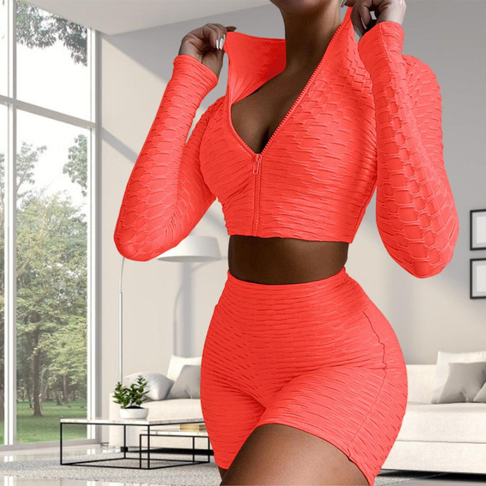 Workout Suit Knitting Yoga Clothes Top Long Sleeve for Fitness Running L Orange