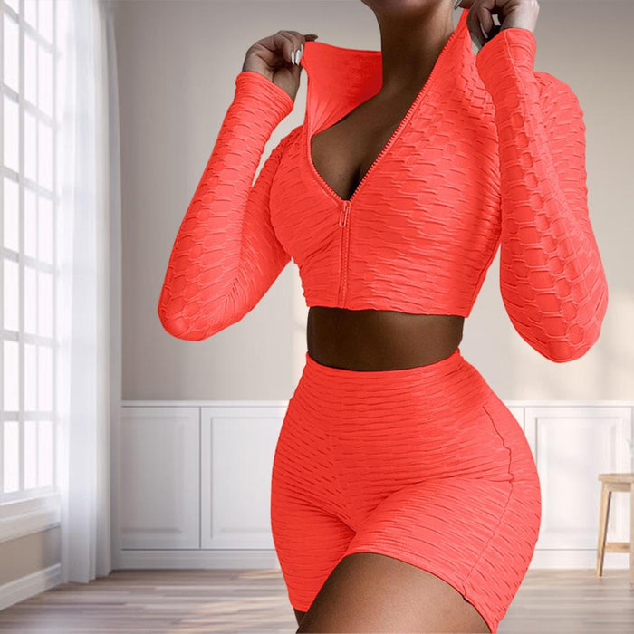 Workout Suit Knitting Yoga Clothes Top Long Sleeve for Fitness Running L Orange