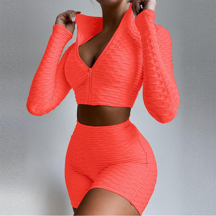 Workout Suit Knitting Yoga Clothes Top Long Sleeve for Fitness Running L Orange