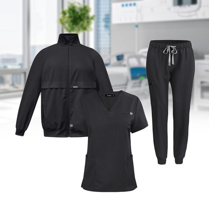 Uniform Scrub Set Nurse Top Pants Jacket for Healthcare Cosmetology Pet Shop L Black