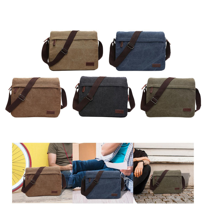 Men Shoulder Bag Zipper Canvas Business Computer Bag for Camping Cycling Gym Khaki