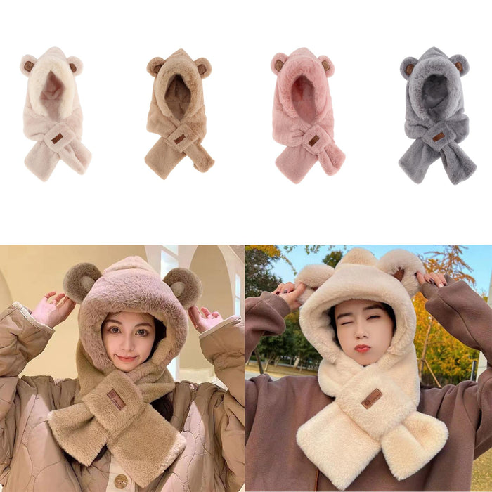 Womens Hoodie Scarf Hooded Hat Neck Warmer 2 in 1 Bear Ear Hat New Year Gift Beige