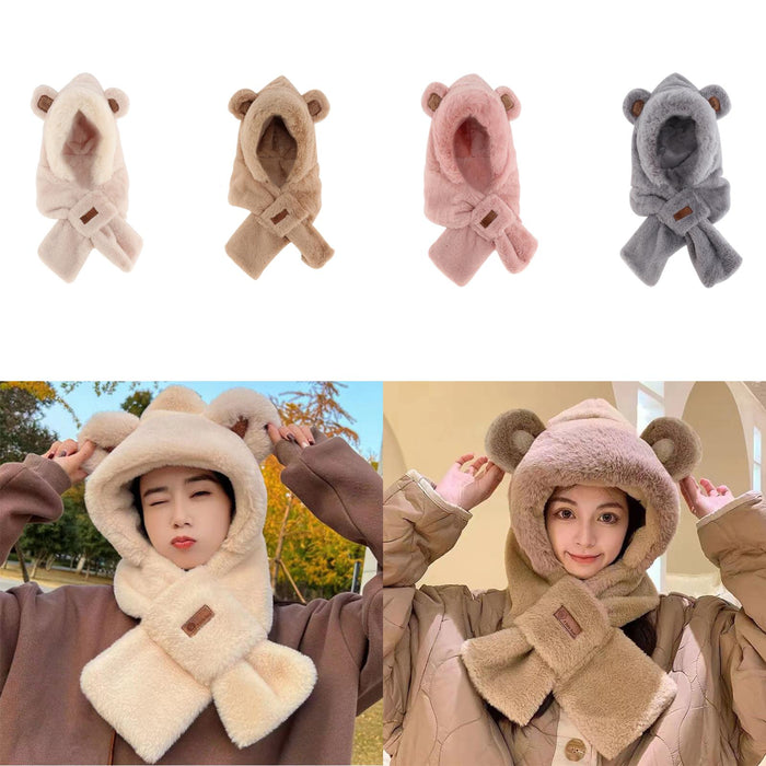 Womens Hoodie Scarf Hooded Hat Neck Warmer 2 in 1 Bear Ear Hat New Year Gift Beige