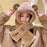 Womens Hoodie Scarf Hooded Hat Neck Warmer 2 in 1 Bear Ear Hat New Year Gift Brown