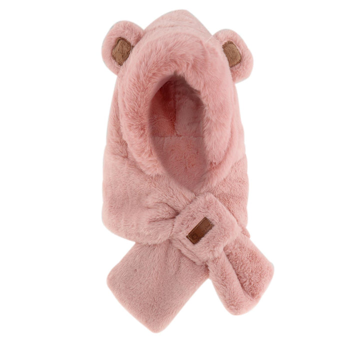 Womens Hoodie Scarf Hooded Hat Neck Warmer 2 in 1 Bear Ear Hat New Year Gift Pink