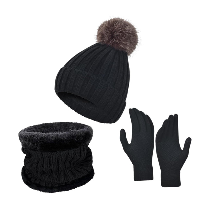 Winter Hat Scarf Gloves Set Winter Cap Neck Warmer for Running Skiing Hiking Black