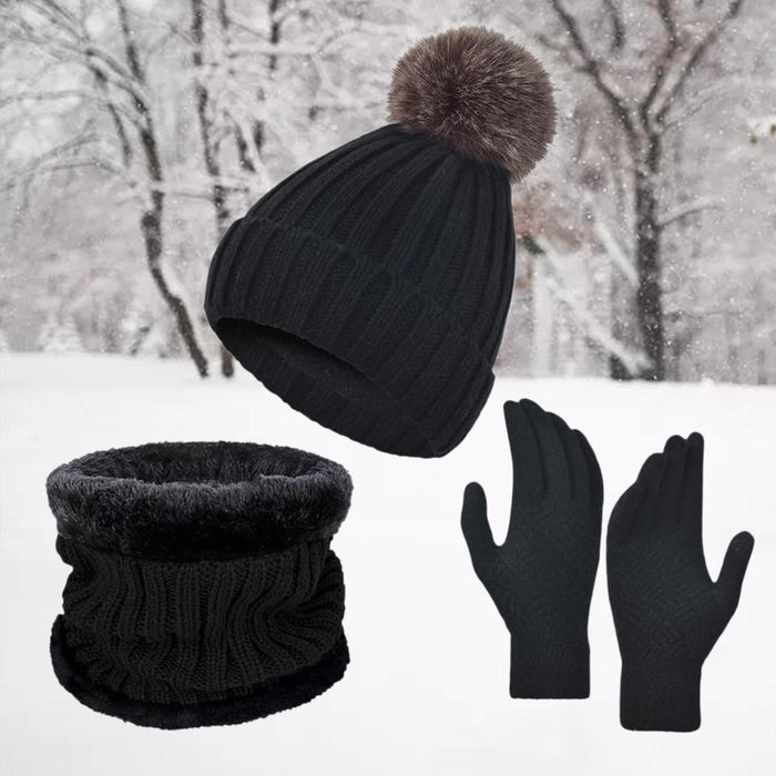 Winter Hat Scarf Gloves Set Winter Cap Neck Warmer for Running Skiing Hiking Black