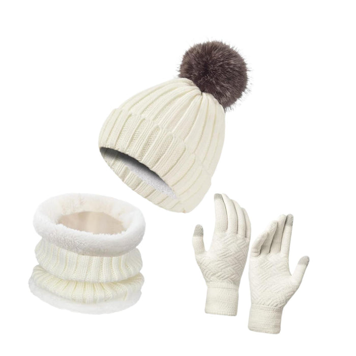 Winter Hat Scarf Gloves Set Winter Cap Neck Warmer for Running Skiing Hiking White