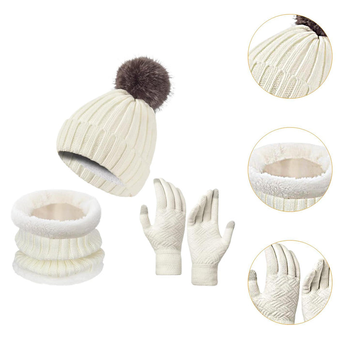 Winter Hat Scarf Gloves Set Winter Cap Neck Warmer for Running Skiing Hiking White