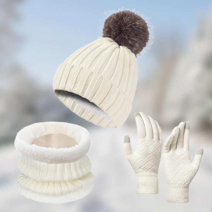 Winter Hat Scarf Gloves Set Winter Cap Neck Warmer for Running Skiing Hiking White