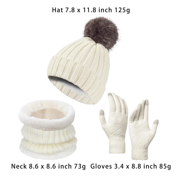 Winter Hat Scarf Gloves Set Winter Cap Neck Warmer for Running Skiing Hiking White