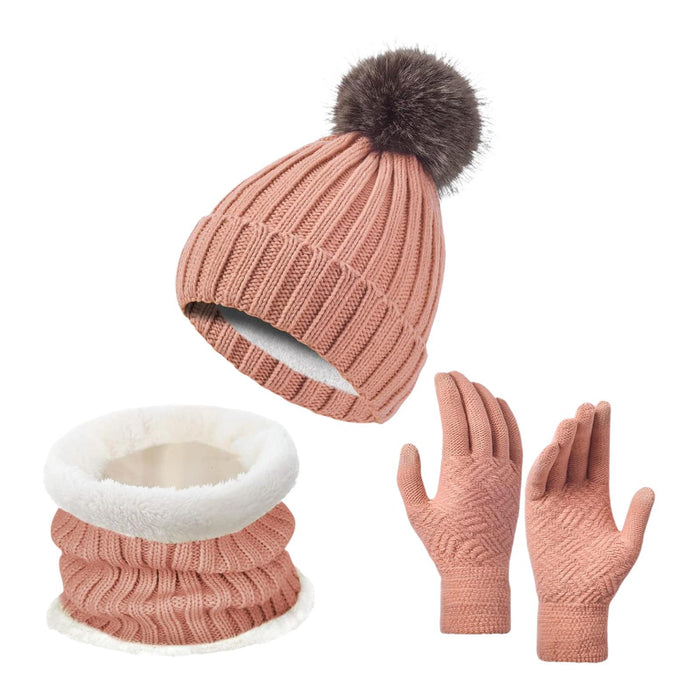 Winter Hat Scarf Gloves Set Winter Cap Neck Warmer for Running Skiing Hiking Pink