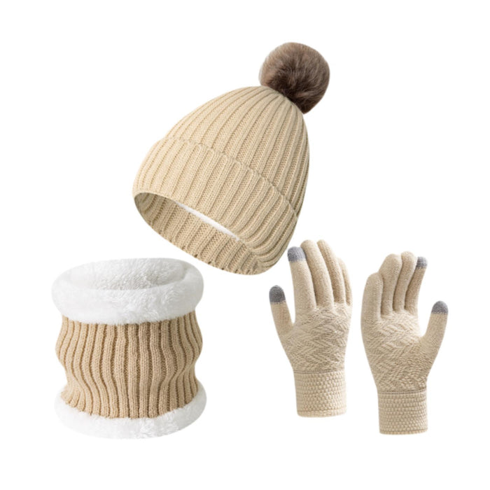 Winter Hat Scarf Gloves Set Winter Cap Neck Warmer for Running Skiing Hiking Beige