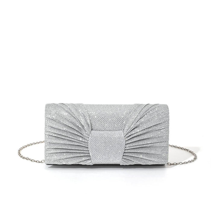 Bow Pleated Glitter Clutch Trendy Shoulder Chain Bag for Street Party Silver