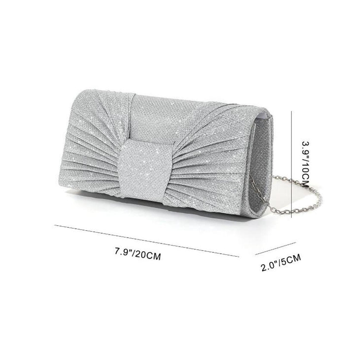 Bow Pleated Glitter Clutch Trendy Shoulder Chain Bag for Street Party Silver