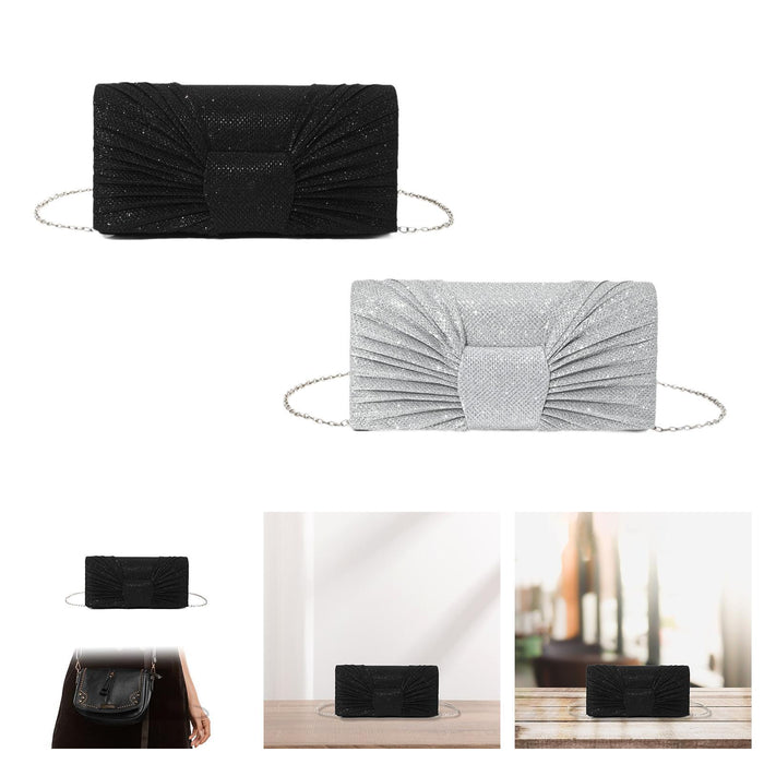 Bow Pleated Glitter Clutch Trendy Shoulder Chain Bag for Street Party Silver