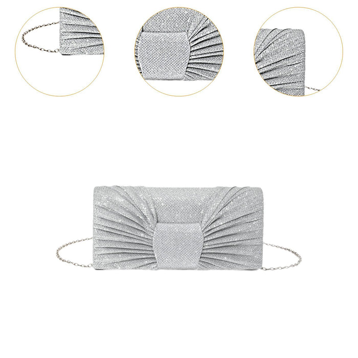 Bow Pleated Glitter Clutch Trendy Shoulder Chain Bag for Street Party Silver