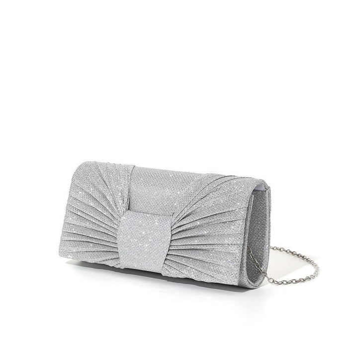 Bow Pleated Glitter Clutch Trendy Shoulder Chain Bag for Street Party Silver