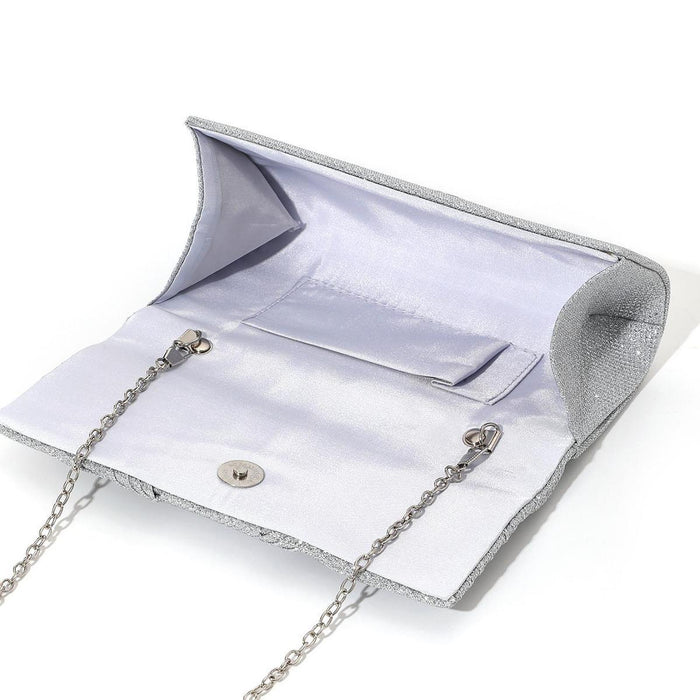 Bow Pleated Glitter Clutch Trendy Shoulder Chain Bag for Street Party Silver