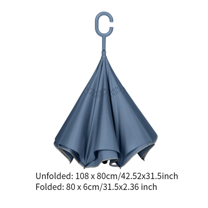 Reversing Close Rain Umbrella Folded Inverted Umbrella for Outdoor Beach Women Blue