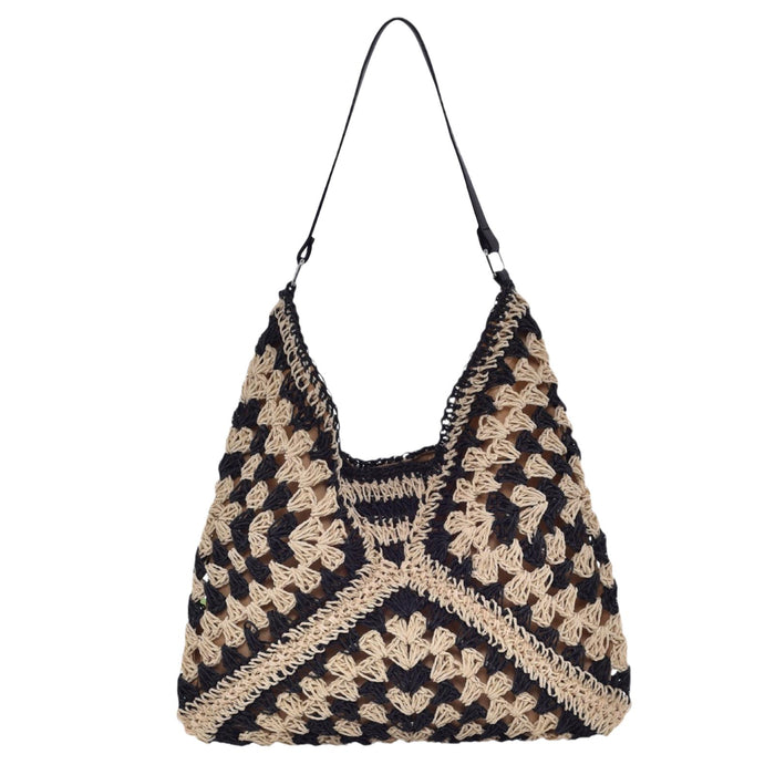 Woven Shoulder Bag Foldable Casual Summer Beach Tote for Beach Vacation Trip Black Beige