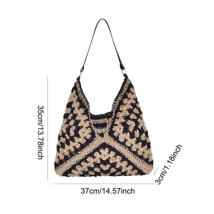 Woven Shoulder Bag Foldable Casual Summer Beach Tote for Beach Vacation Trip Black Beige