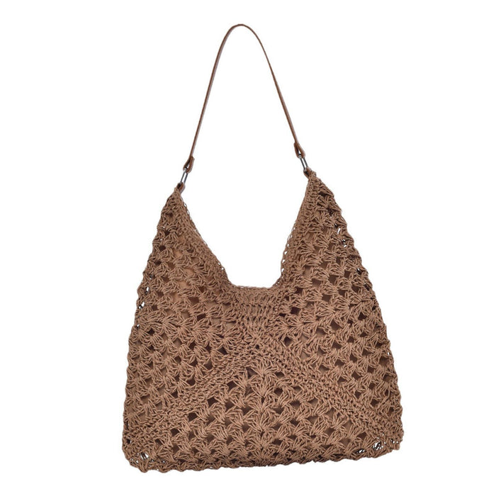 Woven Shoulder Bag Foldable Casual Summer Beach Tote for Beach Vacation Trip Khaki