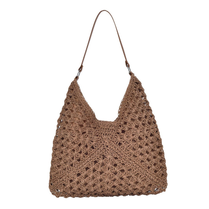 Woven Shoulder Bag Foldable Casual Summer Beach Tote for Beach Vacation Trip Khaki