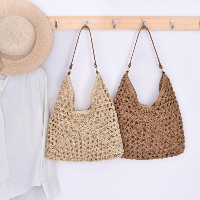 Woven Shoulder Bag Foldable Casual Summer Beach Tote for Beach Vacation Trip Beige