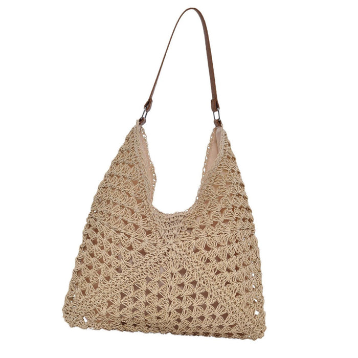 Woven Shoulder Bag Foldable Casual Summer Beach Tote for Beach Vacation Trip Beige