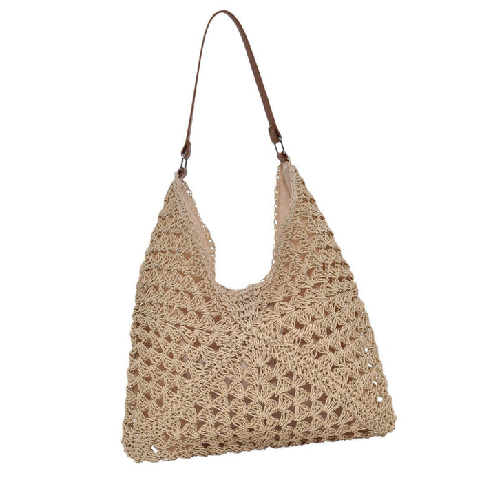 Woven Shoulder Bag Foldable Casual Summer Beach Tote for Beach Vacation Trip Beige