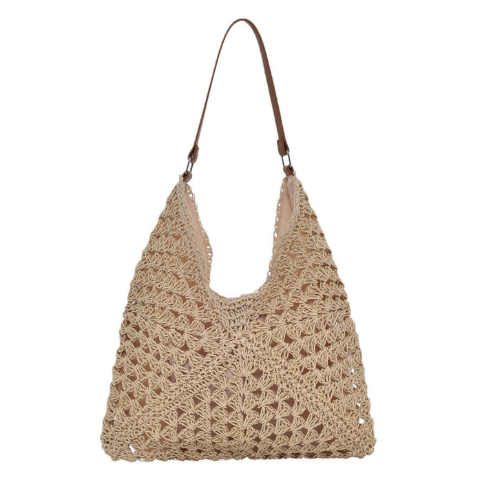 Woven Shoulder Bag Foldable Casual Summer Beach Tote for Beach Vacation Trip Beige